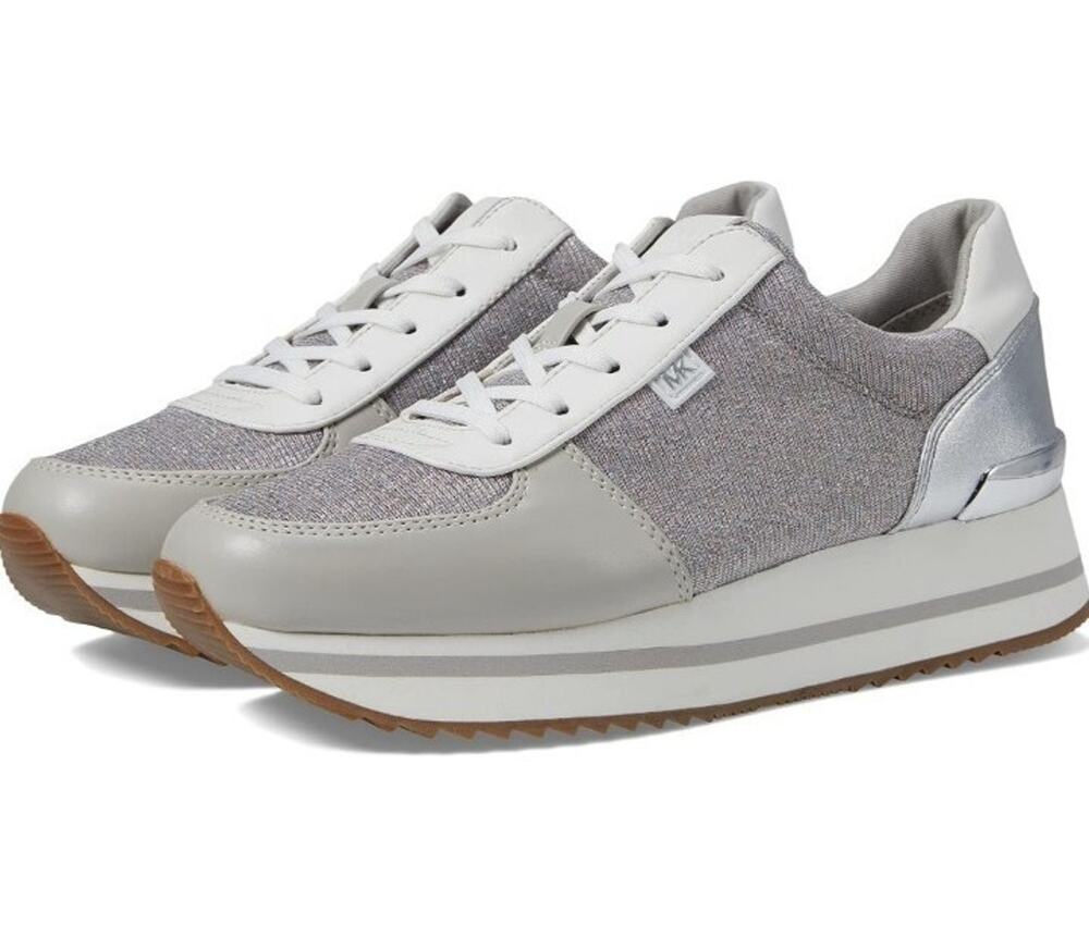 New Michael Kors Monique Trainer Lace-Up Sneakers Aluminum Silver White Size 9.5